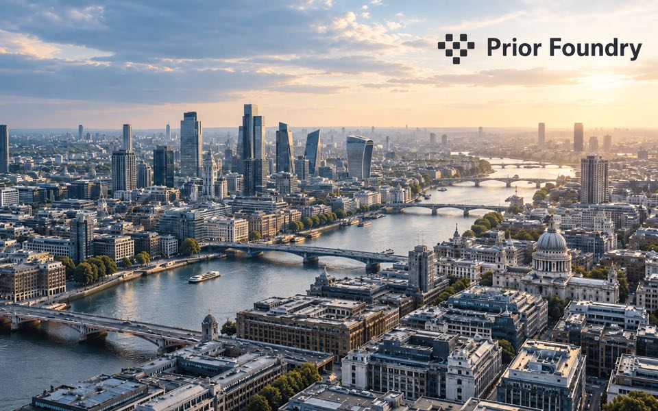 Logotipo de Prior Foundry sobre el perfil de una ciudad al atardecer